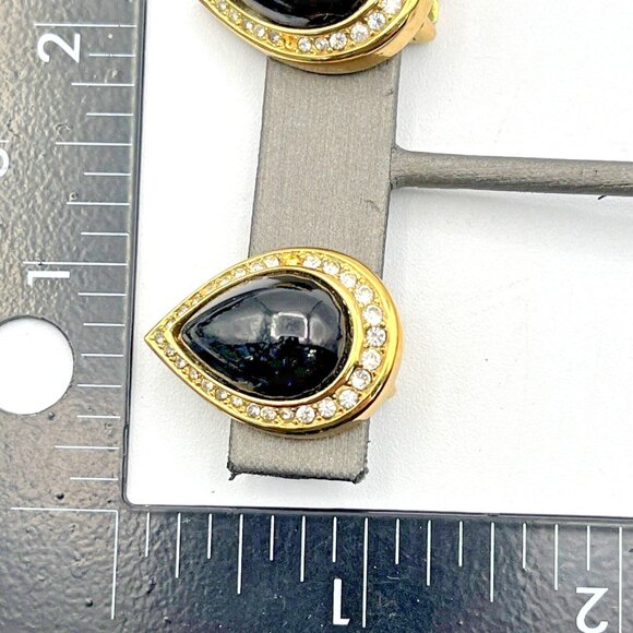 Vintage CHRISTIAN DIOR Pave Crystal Black Cabochon Clip On Earrings Gold Tone - Picture 9 of 9